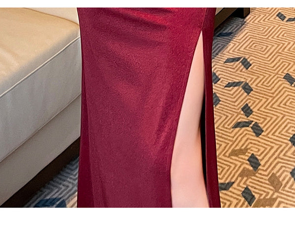 Elegant Sexy See Through Shoulder Lace Puff Sleeve High Waist Side High Slit Slim Bodycon Long Dresses Party Gown