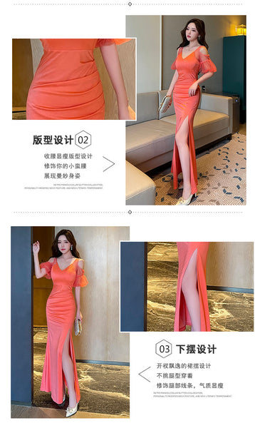 Elegant Sexy See Through Shoulder Lace Puff Sleeve High Waist Side High Slit Slim Bodycon Long Dresses Party Gown