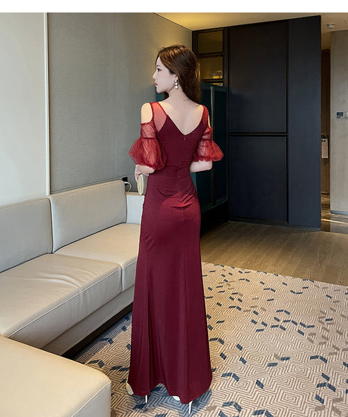 Elegant Sexy See Through Shoulder Lace Puff Sleeve High Waist Side High Slit Slim Bodycon Long Dresses Party Gown