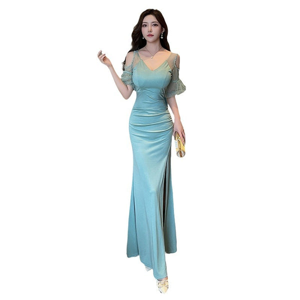 Elegant Sexy See Through Shoulder Lace Puff Sleeve High Waist Side High Slit Slim Bodycon Long Dresses Party Gown