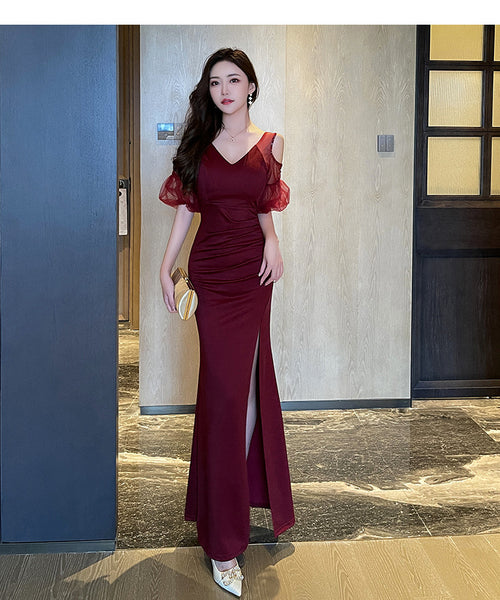 Elegant Sexy See Through Shoulder Lace Puff Sleeve High Waist Side High Slit Slim Bodycon Long Dresses Party Gown