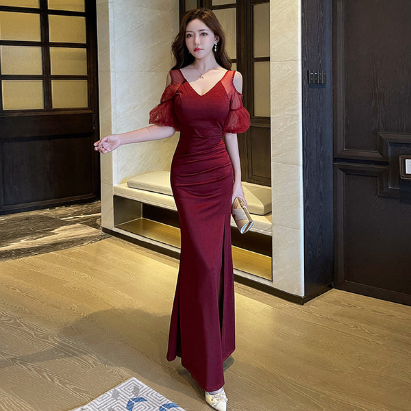 Elegant Sexy See Through Shoulder Lace Puff Sleeve High Waist Side High Slit Slim Bodycon Long Dresses Party Gown