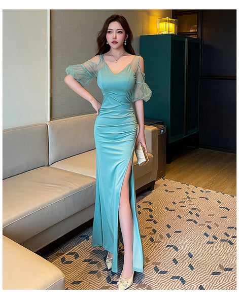 Elegant Sexy See Through Shoulder Lace Puff Sleeve High Waist Side High Slit Slim Bodycon Long Dresses Party Gown