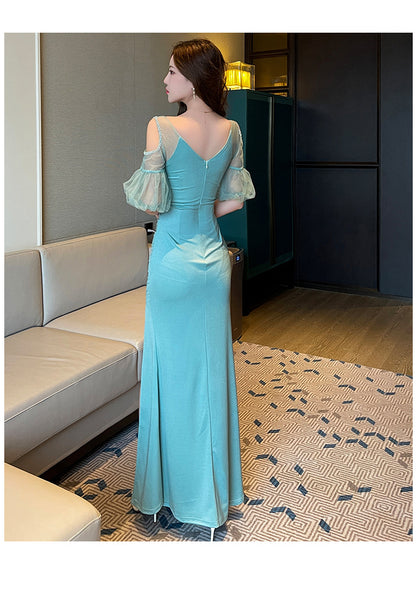 Elegant Sexy See Through Shoulder Lace Puff Sleeve High Waist Side High Slit Slim Bodycon Long Dresses Party Gown