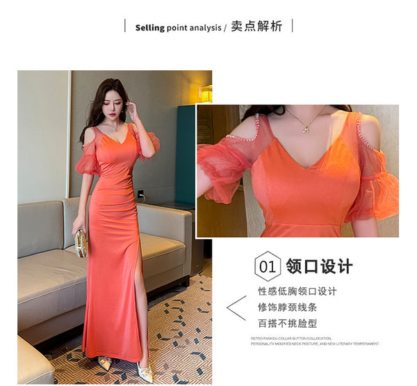 Elegant Sexy See Through Shoulder Lace Puff Sleeve High Waist Side High Slit Slim Bodycon Long Dresses Party Gown