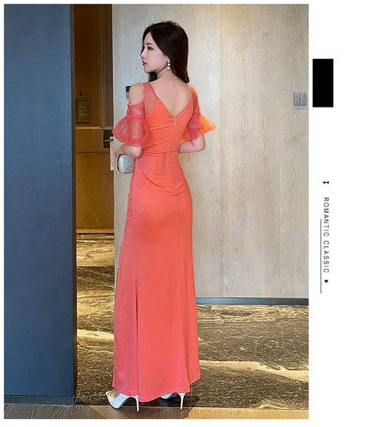 Elegant Sexy See Through Shoulder Lace Puff Sleeve High Waist Side High Slit Slim Bodycon Long Dresses Party Gown