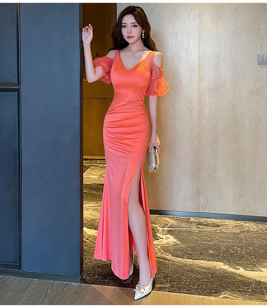 Elegant Sexy See Through Shoulder Lace Puff Sleeve High Waist Side High Slit Slim Bodycon Long Dresses Party Gown