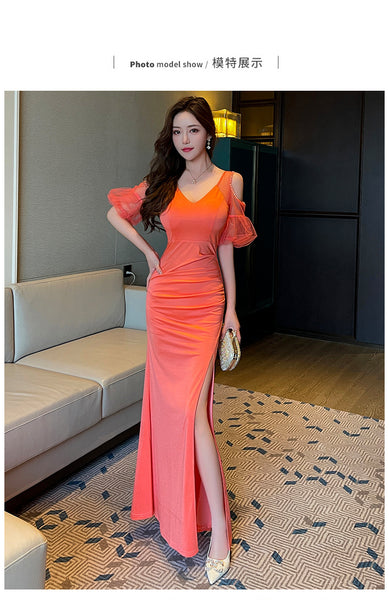 Elegant Sexy See Through Shoulder Lace Puff Sleeve High Waist Side High Slit Slim Bodycon Long Dresses Party Gown