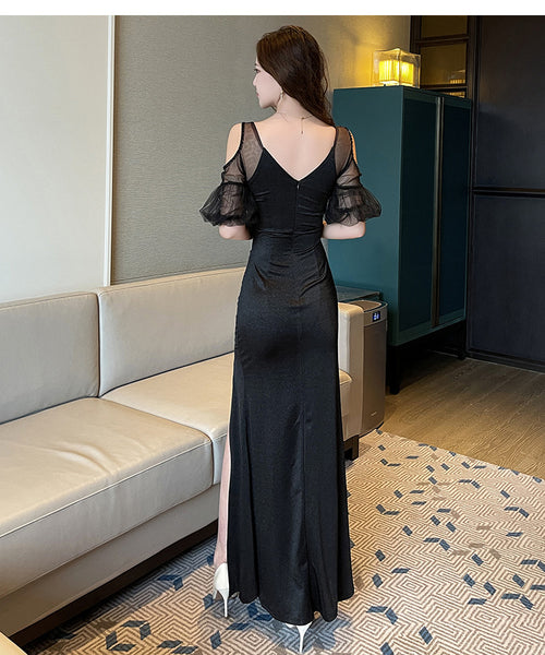 Elegant Sexy See Through Shoulder Lace Puff Sleeve High Waist Side High Slit Slim Bodycon Long Dresses Party Gown