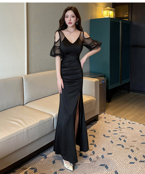 Elegant Sexy See Through Shoulder Lace Puff Sleeve High Waist Side High Slit Slim Bodycon Long Dresses Party Gown