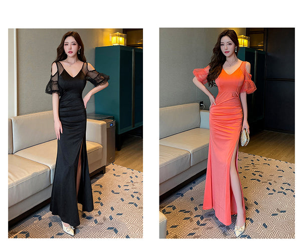 Elegant Sexy See Through Shoulder Lace Puff Sleeve High Waist Side High Slit Slim Bodycon Long Dresses Party Gown