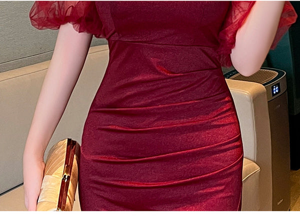 Elegant Sexy See Through Shoulder Lace Puff Sleeve High Waist Side High Slit Slim Bodycon Long Dresses Party Gown