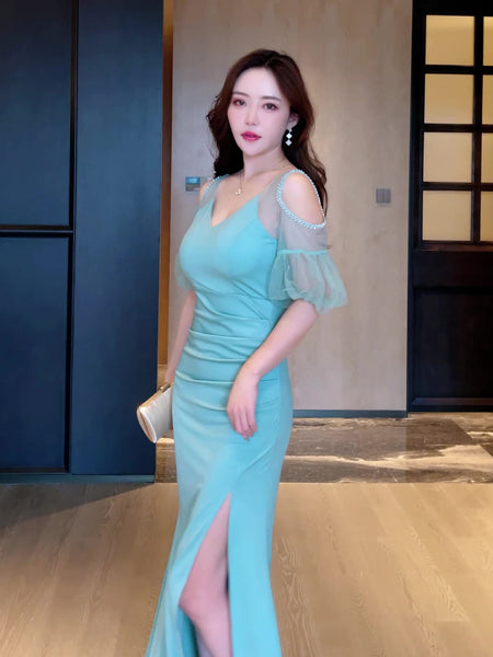 Elegant Sexy See Through Shoulder Lace Puff Sleeve High Waist Side High Slit Slim Bodycon Long Dresses Party Gown