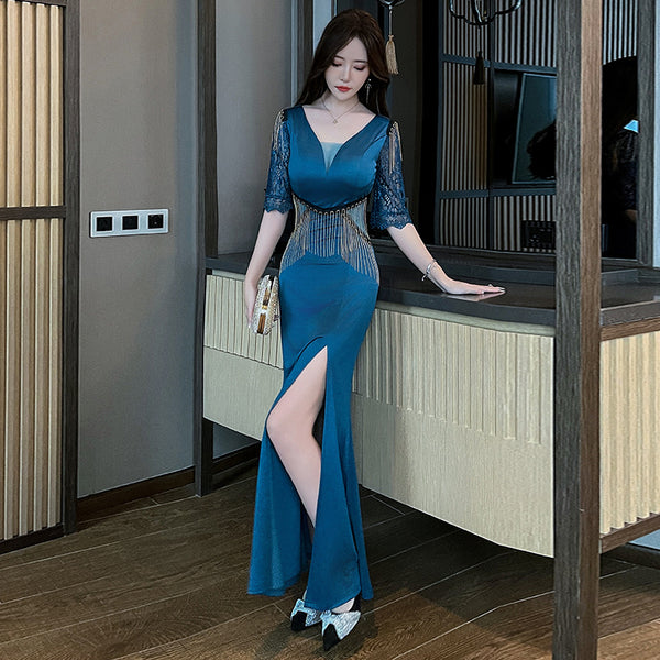 Sexy Petal Lace Half Sleeve Length Deep V Neck Glamorous Fringe Beading High Slit Long Evening Dress
