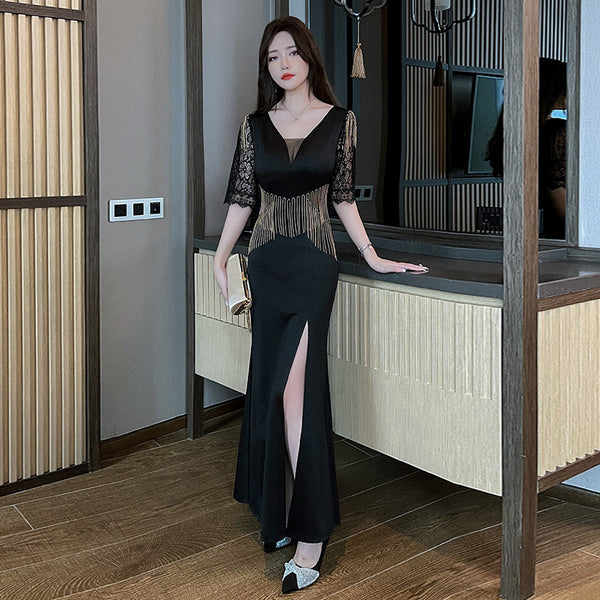 Sexy Petal Lace Half Sleeve Length Deep V Neck Glamorous Fringe Beading High Slit Long Evening Dress