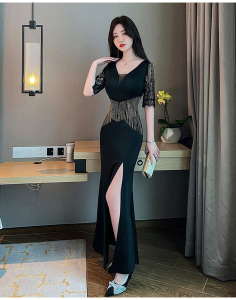 Sexy Petal Lace Half Sleeve Length Deep V Neck Glamorous Fringe Beading High Slit Long Evening Dress