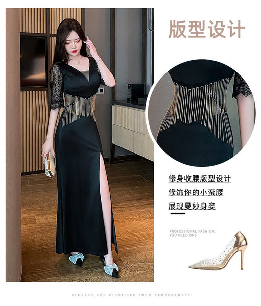 Sexy Petal Lace Half Sleeve Length Deep V Neck Glamorous Fringe Beading High Slit Long Evening Dress