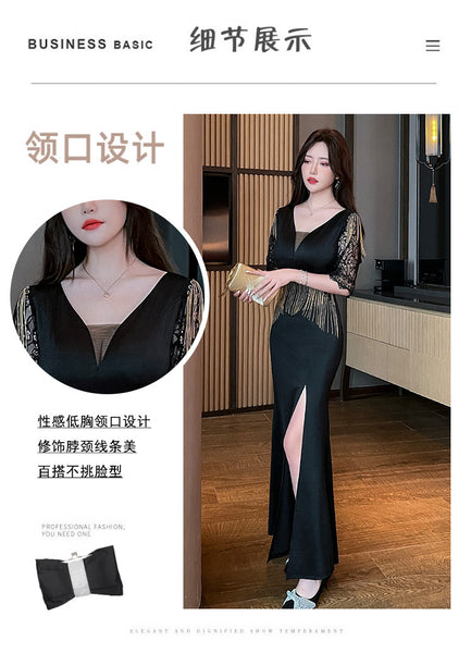 Sexy Petal Lace Half Sleeve Length Deep V Neck Glamorous Fringe Beading High Slit Long Evening Dress