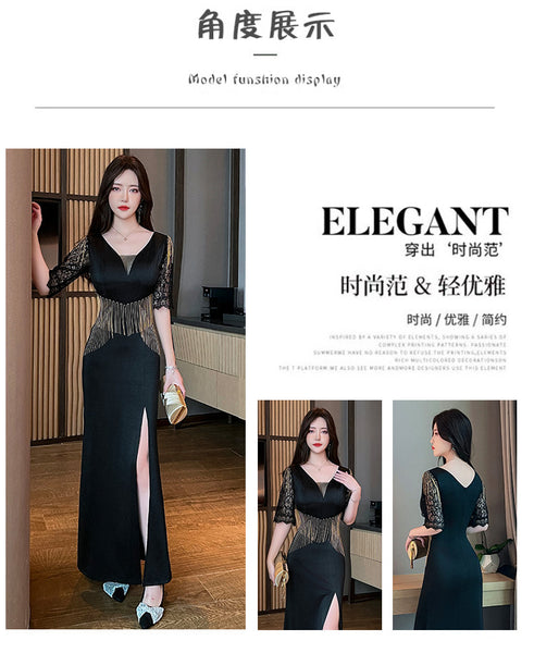 Sexy Petal Lace Half Sleeve Length Deep V Neck Glamorous Fringe Beading High Slit Long Evening Dress