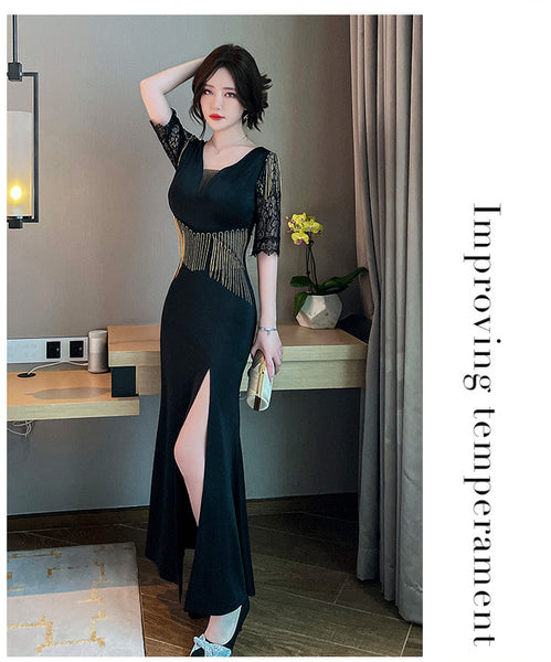 Sexy Petal Lace Half Sleeve Length Deep V Neck Glamorous Fringe Beading High Slit Long Evening Dress