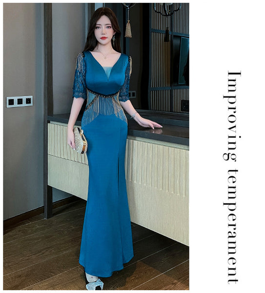 Sexy Petal Lace Half Sleeve Length Deep V Neck Glamorous Fringe Beading High Slit Long Evening Dress