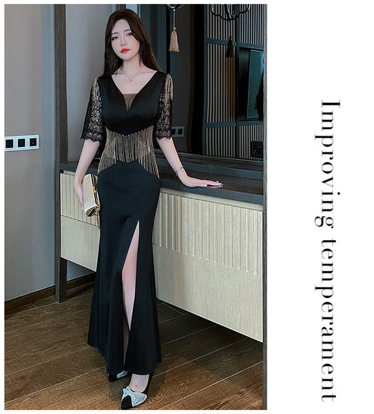 Sexy Petal Lace Half Sleeve Length Deep V Neck Glamorous Fringe Beading High Slit Long Evening Dress