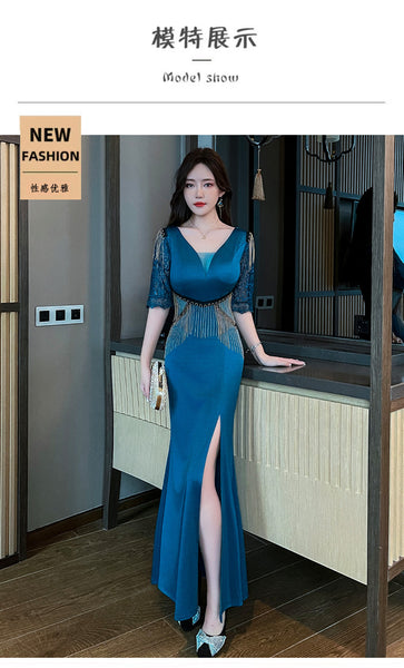 Sexy Petal Lace Half Sleeve Length Deep V Neck Glamorous Fringe Beading High Slit Long Evening Dress