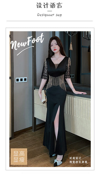 Sexy Petal Lace Half Sleeve Length Deep V Neck Glamorous Fringe Beading High Slit Long Evening Dress