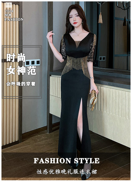 Sexy Petal Lace Half Sleeve Length Deep V Neck Glamorous Fringe Beading High Slit Long Evening Dress