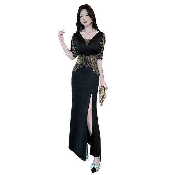 Sexy Petal Lace Half Sleeve Length Deep V Neck Glamorous Fringe Beading High Slit Long Evening Dress