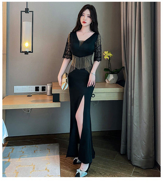 Sexy Petal Lace Half Sleeve Length Deep V Neck Glamorous Fringe Beading High Slit Long Evening Dress