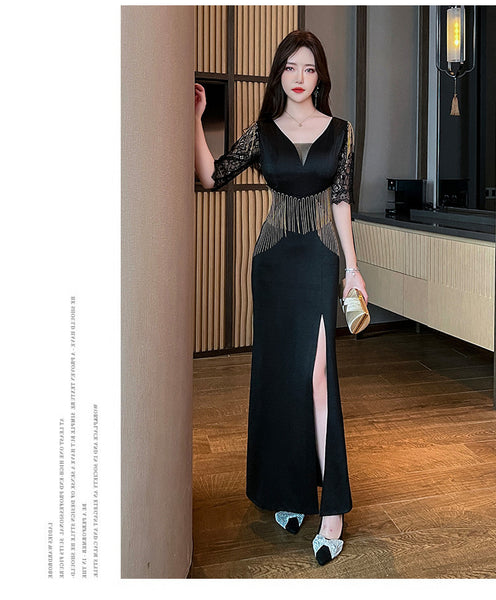 Sexy Petal Lace Half Sleeve Length Deep V Neck Glamorous Fringe Beading High Slit Long Evening Dress