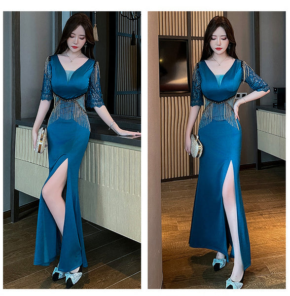 Sexy Petal Lace Half Sleeve Length Deep V Neck Glamorous Fringe Beading High Slit Long Evening Dress