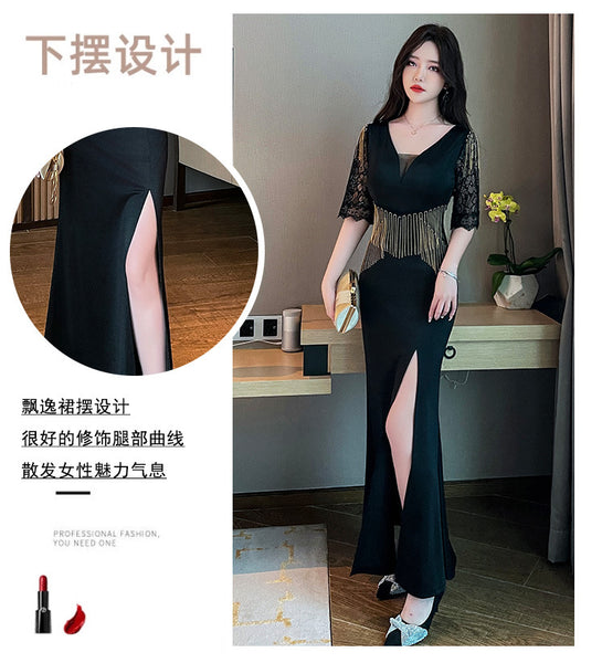 Sexy Petal Lace Half Sleeve Length Deep V Neck Glamorous Fringe Beading High Slit Long Evening Dress