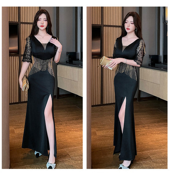 Sexy Petal Lace Half Sleeve Length Deep V Neck Glamorous Fringe Beading High Slit Long Evening Dress