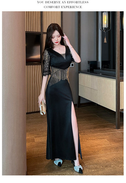 Sexy Petal Lace Half Sleeve Length Deep V Neck Glamorous Fringe Beading High Slit Long Evening Dress