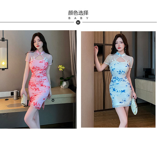 Sexy Temperament Fashionable Cheongsam Collar Style Backless Side Slit Dye Floral Printed Short Skirt Evening Vintage Dress