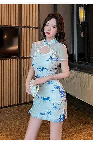 Sexy Temperament Fashionable Cheongsam Collar Style Backless Side Slit Dye Floral Printed Short Skirt Evening Vintage Dress