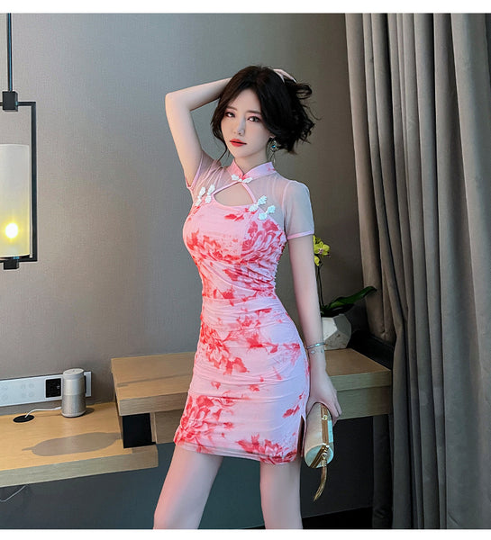 Sexy Temperament Fashionable Cheongsam Collar Style Backless Side Slit Dye Floral Printed Short Skirt Evening Vintage Dress