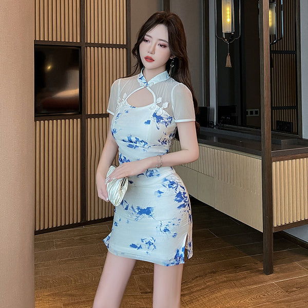 Sexy Temperament Fashionable Cheongsam Collar Style Backless Side Slit Dye Floral Printed Short Skirt Evening Vintage Dress