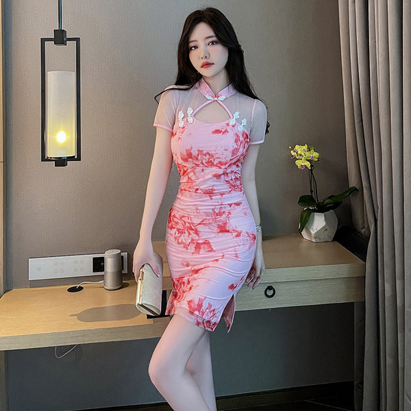 Sexy Temperament Fashionable Cheongsam Collar Style Backless Side Slit Dye Floral Printed Short Skirt Evening Vintage Dress