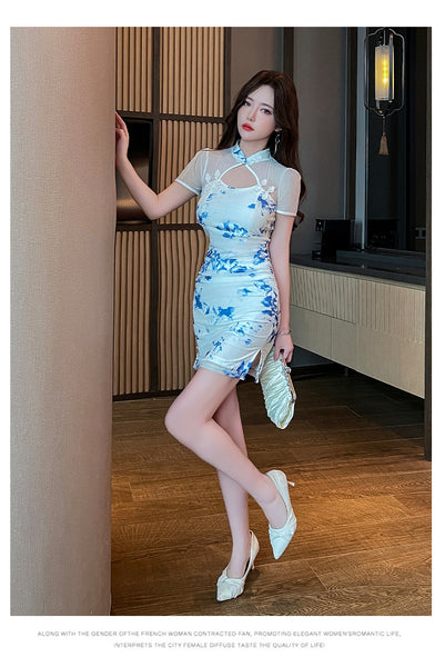 Sexy Temperament Fashionable Cheongsam Collar Style Backless Side Slit Dye Floral Printed Short Skirt Evening Vintage Dress