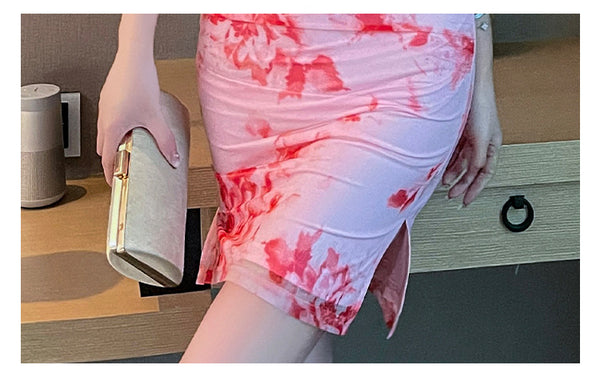 Sexy Temperament Fashionable Cheongsam Collar Style Backless Side Slit Dye Floral Printed Short Skirt Evening Vintage Dress