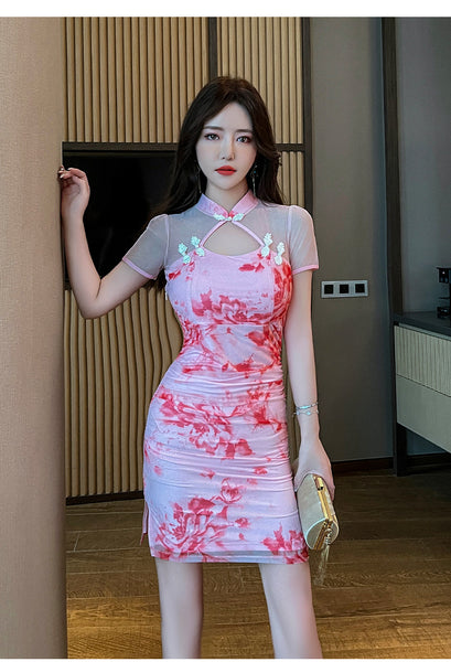 Sexy Temperament Fashionable Cheongsam Collar Style Backless Side Slit Dye Floral Printed Short Skirt Evening Vintage Dress