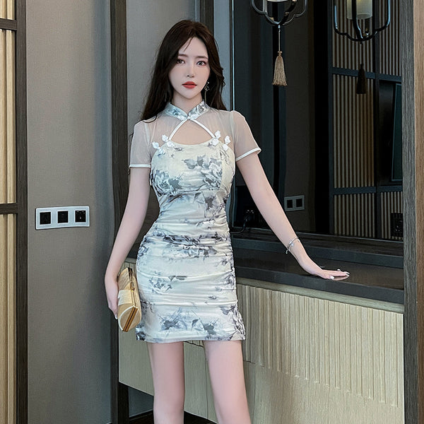 Sexy Temperament Fashionable Cheongsam Collar Style Backless Side Slit Dye Floral Printed Short Skirt Evening Vintage Dress