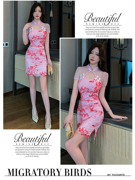 Sexy Temperament Fashionable Cheongsam Collar Style Backless Side Slit Dye Floral Printed Short Skirt Evening Vintage Dress