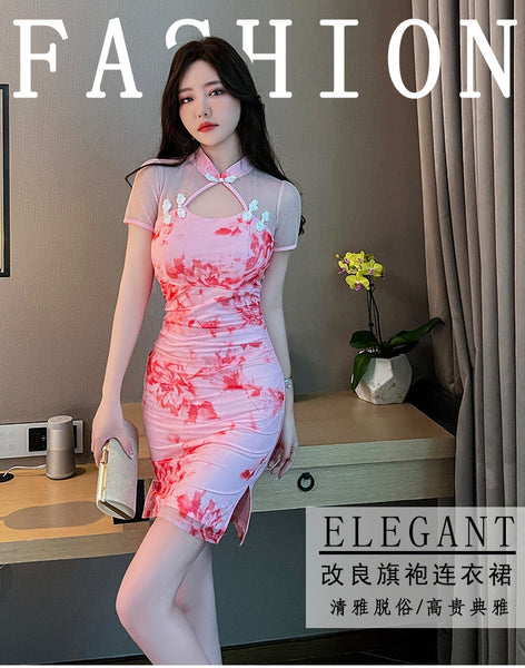 Sexy Temperament Fashionable Cheongsam Collar Style Backless Side Slit Dye Floral Printed Short Skirt Evening Vintage Dress