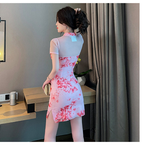 Sexy Temperament Fashionable Cheongsam Collar Style Backless Side Slit Dye Floral Printed Short Skirt Evening Vintage Dress