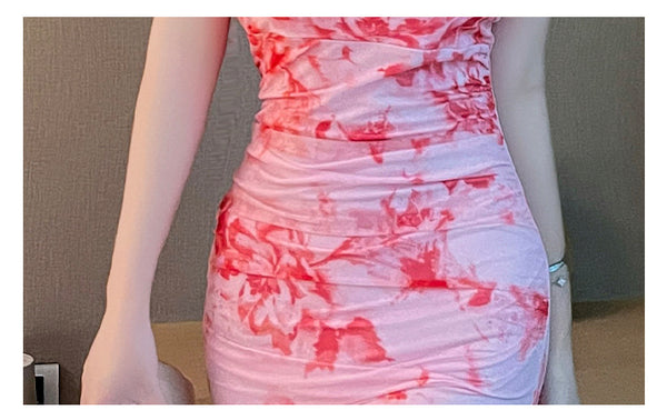 Sexy Temperament Fashionable Cheongsam Collar Style Backless Side Slit Dye Floral Printed Short Skirt Evening Vintage Dress