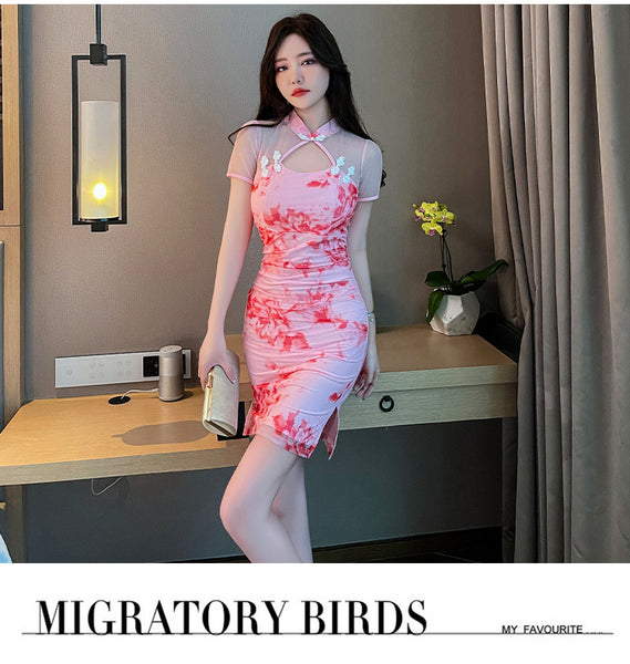 Sexy Temperament Fashionable Cheongsam Collar Style Backless Side Slit Dye Floral Printed Short Skirt Evening Vintage Dress